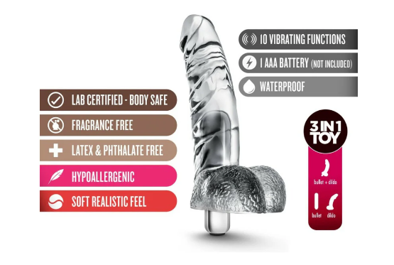 Naturally Yours Vibrating Ding Dong with Balls 6.5 in. Clear