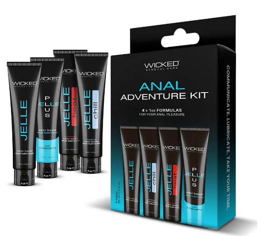 "Anal Adventure Kit Contains (4) 1oz Jelle Formulas: (1) 1oz Jelle, (1) 1oz Jelle Heat, (1) 1oz Jelle Chill, (1) 1oz Jelle Plus"